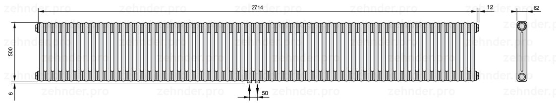 Схема (чертеж) Радиатор Zehnder Charleston 2050/59 №3470 Белый глянцевый RAL 9016